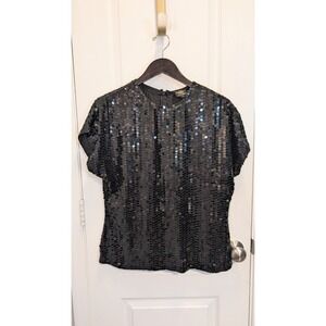 Vintage Oleg Cassini Black Sequin Short Sleeve‎ Top Size Medium 100% Silk